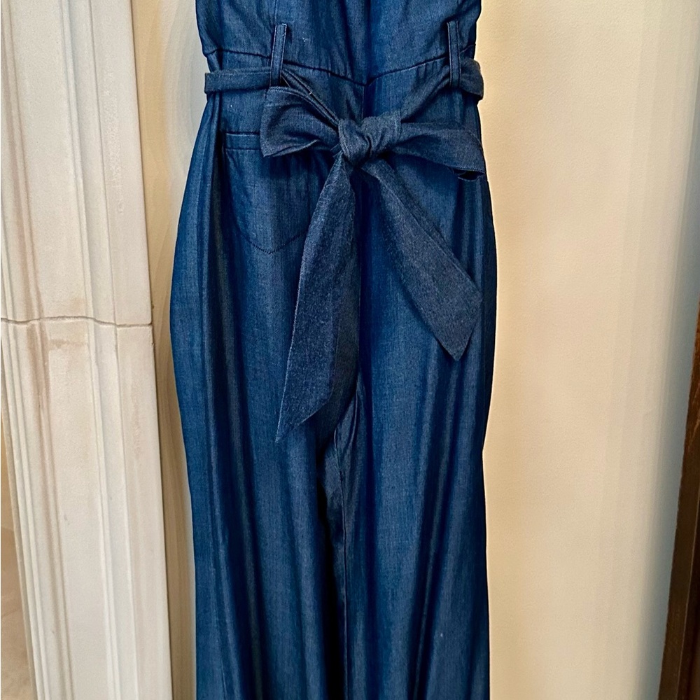 Elevenses Blue Denim halter jumpsuit  Detail- zipper with buttons